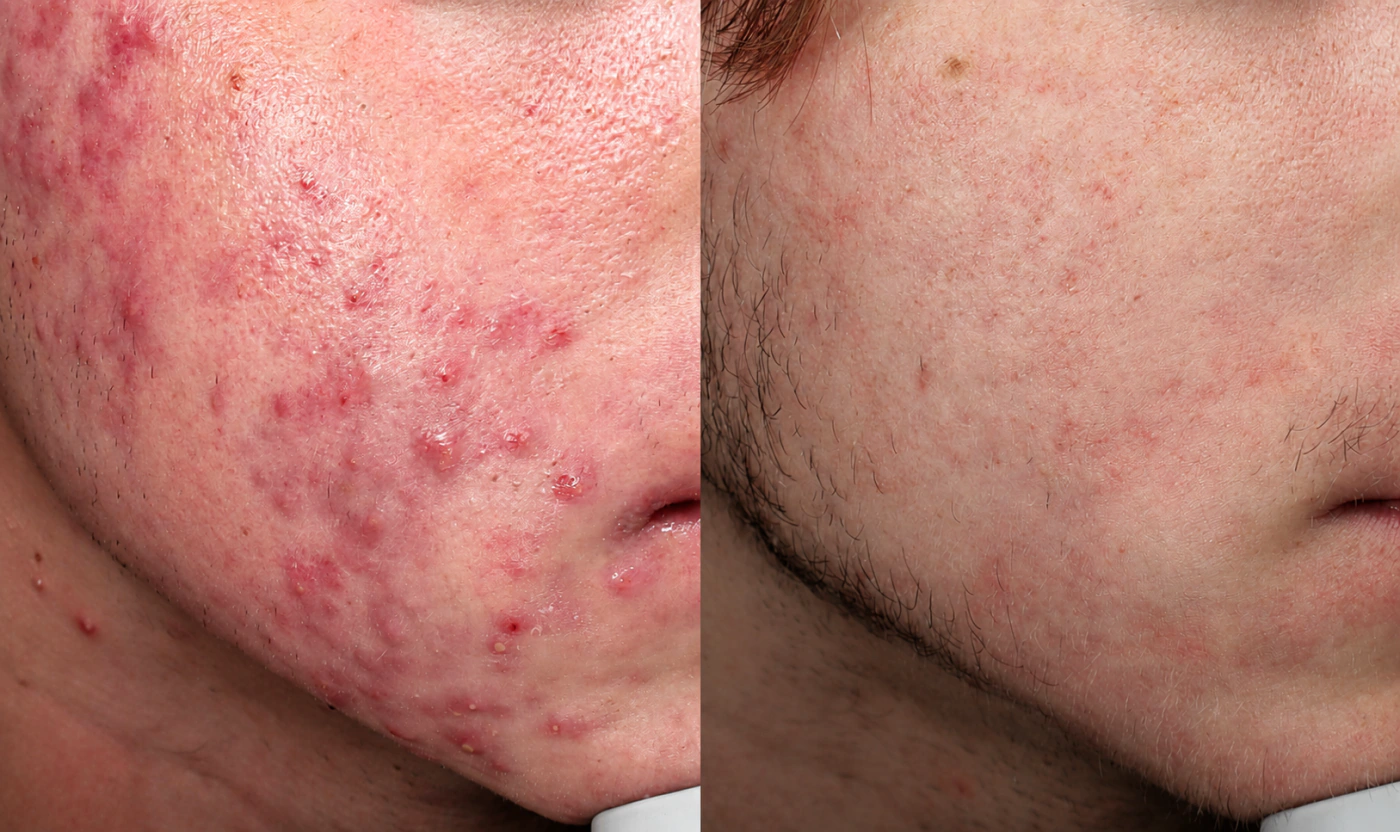 Alternate cheek view of a male patient before and after ForeverClear BBL and Accutane acne treatment at SOM Aesthetics in San Diego