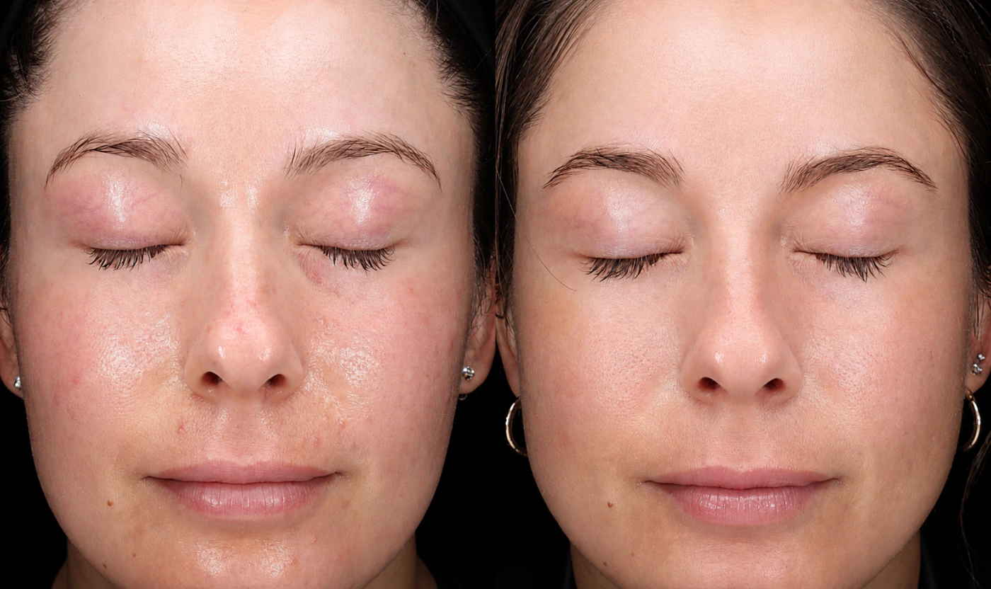 Front-view side-by-side result of a female patient before and after ClearV and BBL treatment for acne and facial redness at SOM Aesthetics in San Diego