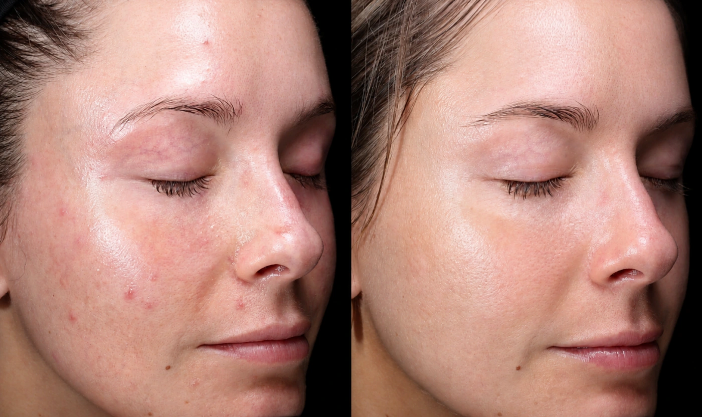 Three-quarter facial view of a female patient before and after ClearV and BBL treatment for acne and redness at SOM Aesthetics in San Diego