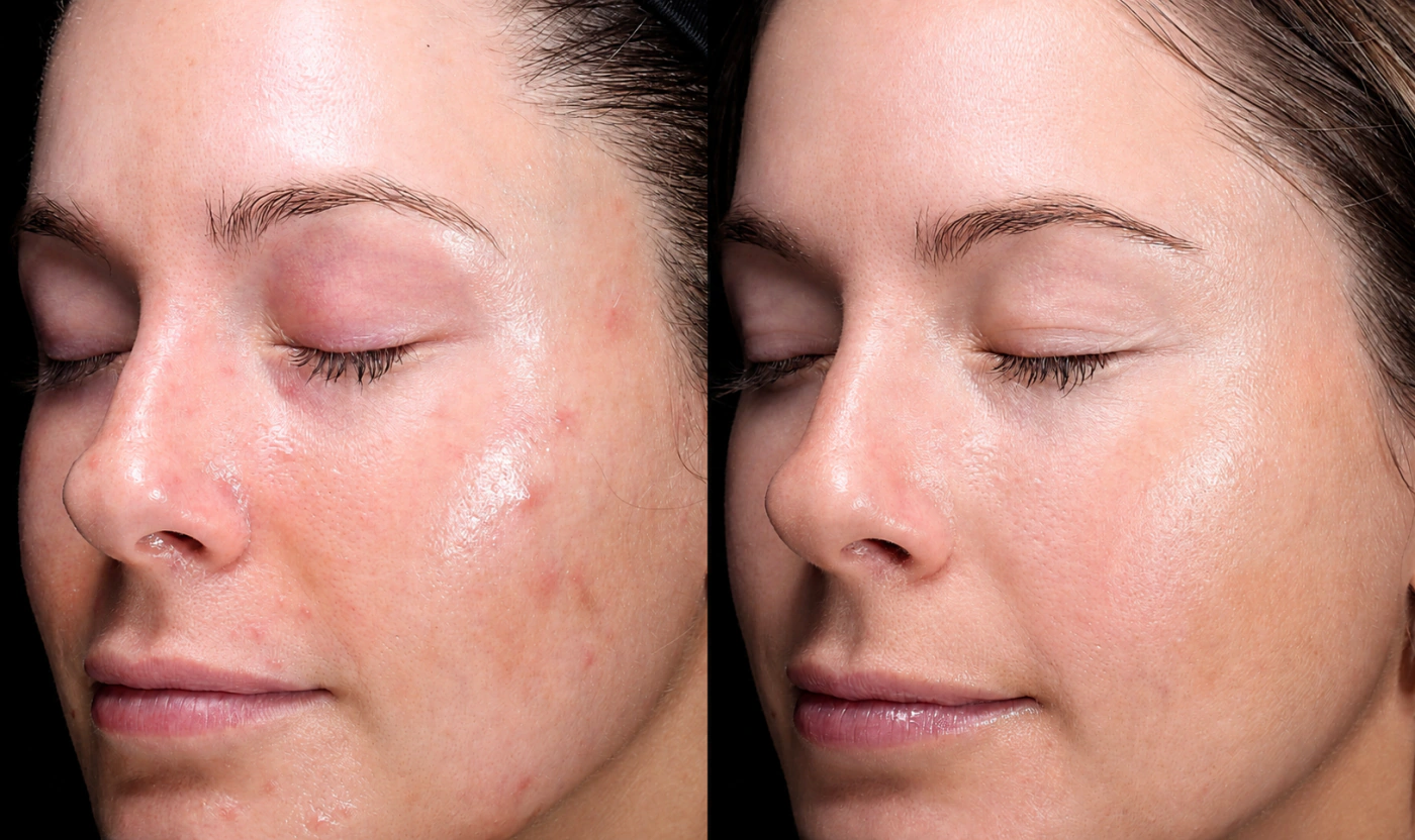 Opposite three-quarter view of a female patient before and after ClearV and BBL treatment for acne and redness at SOM Aesthetics in San Diego