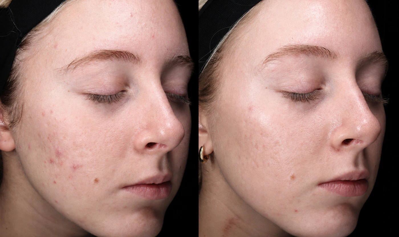 Three-quarter side-by-side result of a female patient before and after HALO and MOXI treatment for acne scarring at SOM Aesthetics in San Diego