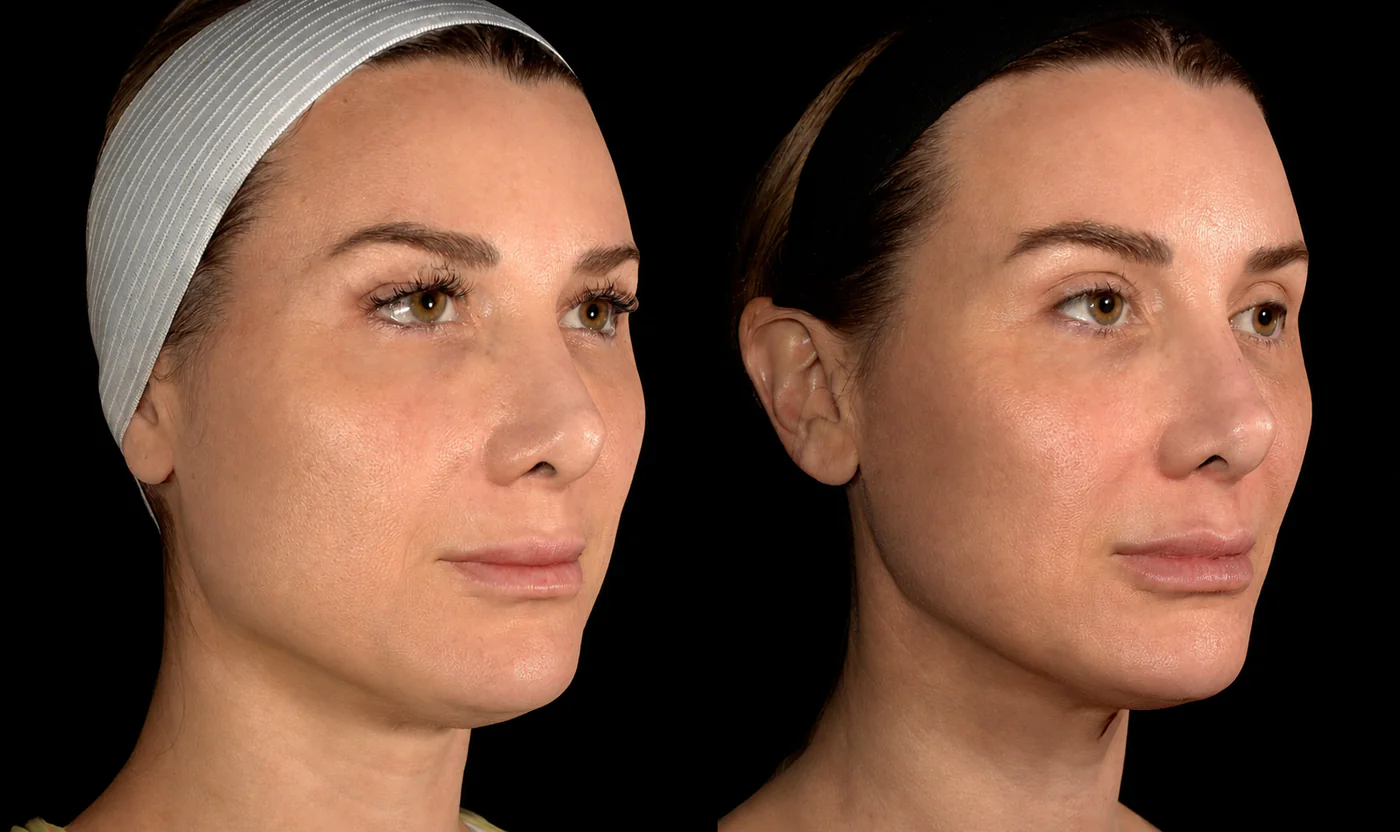 Right profile before and after cheek and temple filler with Masseter Botox at SOM Aesthetics