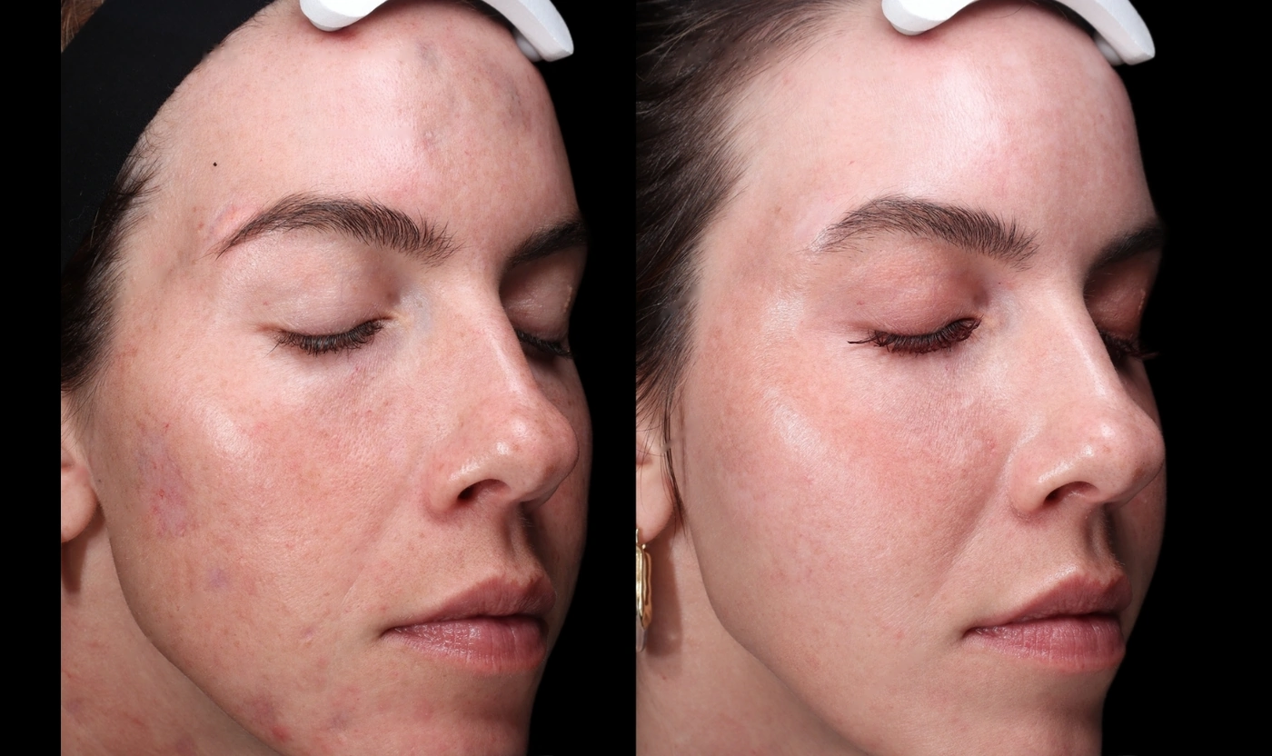 Before and after Renuva, Radiesse, Sculptra and Tixel combination treatment at SOM Aesthetics in Encinitas, North County San Diego — documented view.