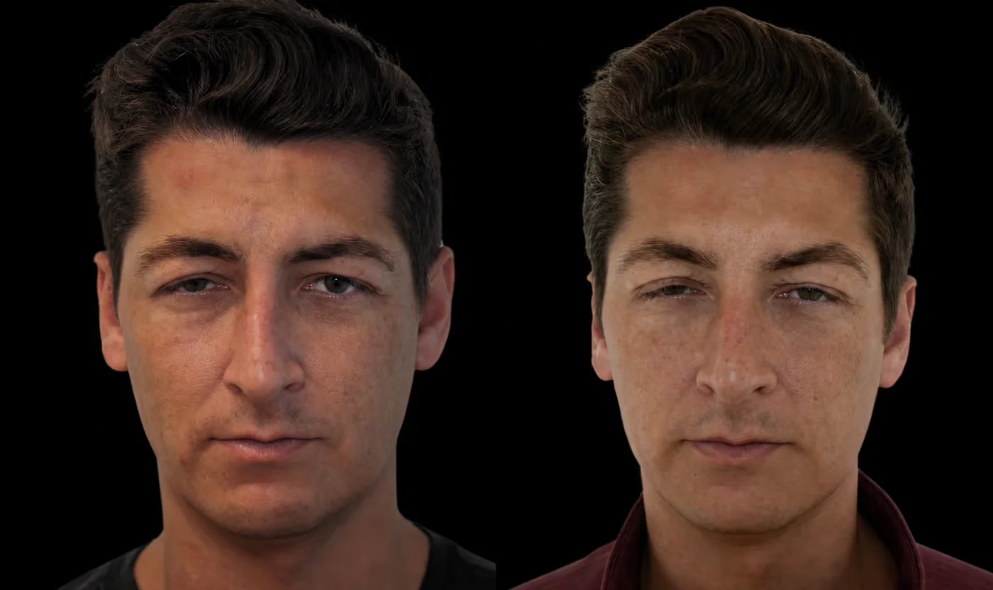 Before-and-after Upper-face Botox result in Encinitas, North County San Diego — glabellar-lines view.
