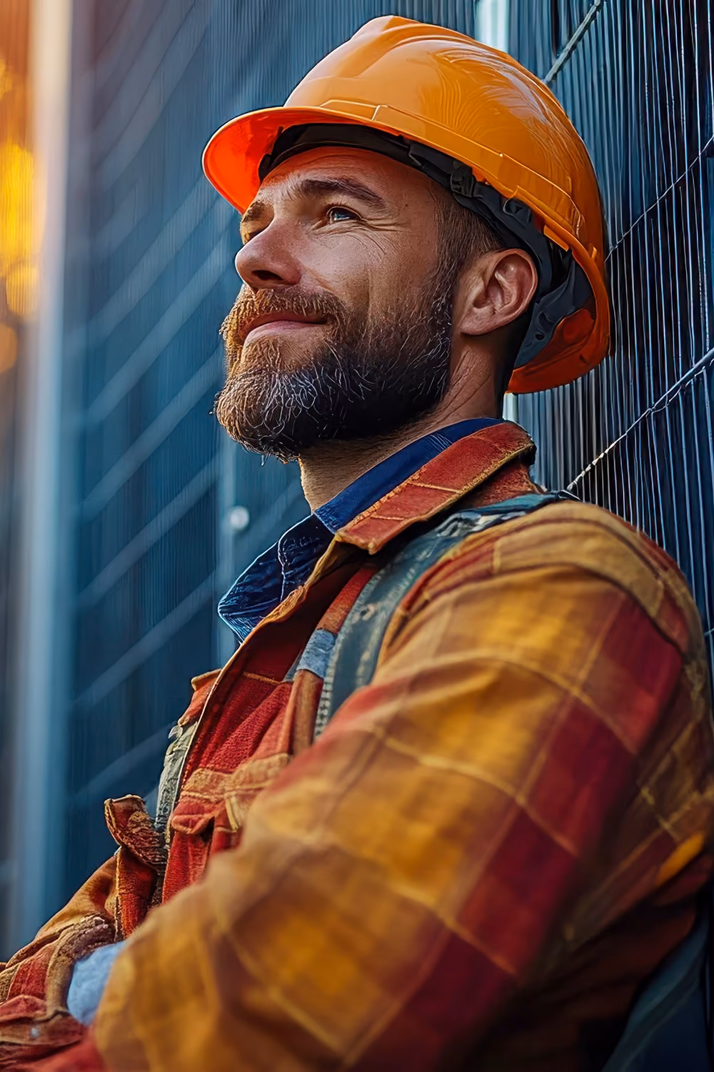 Construction man leaning against a fence