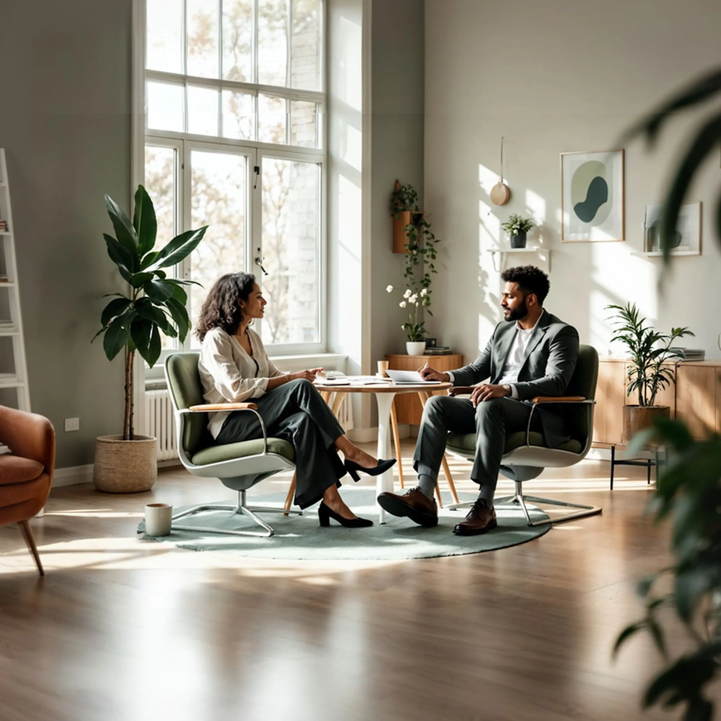 Two individuals having a conversation at a table.