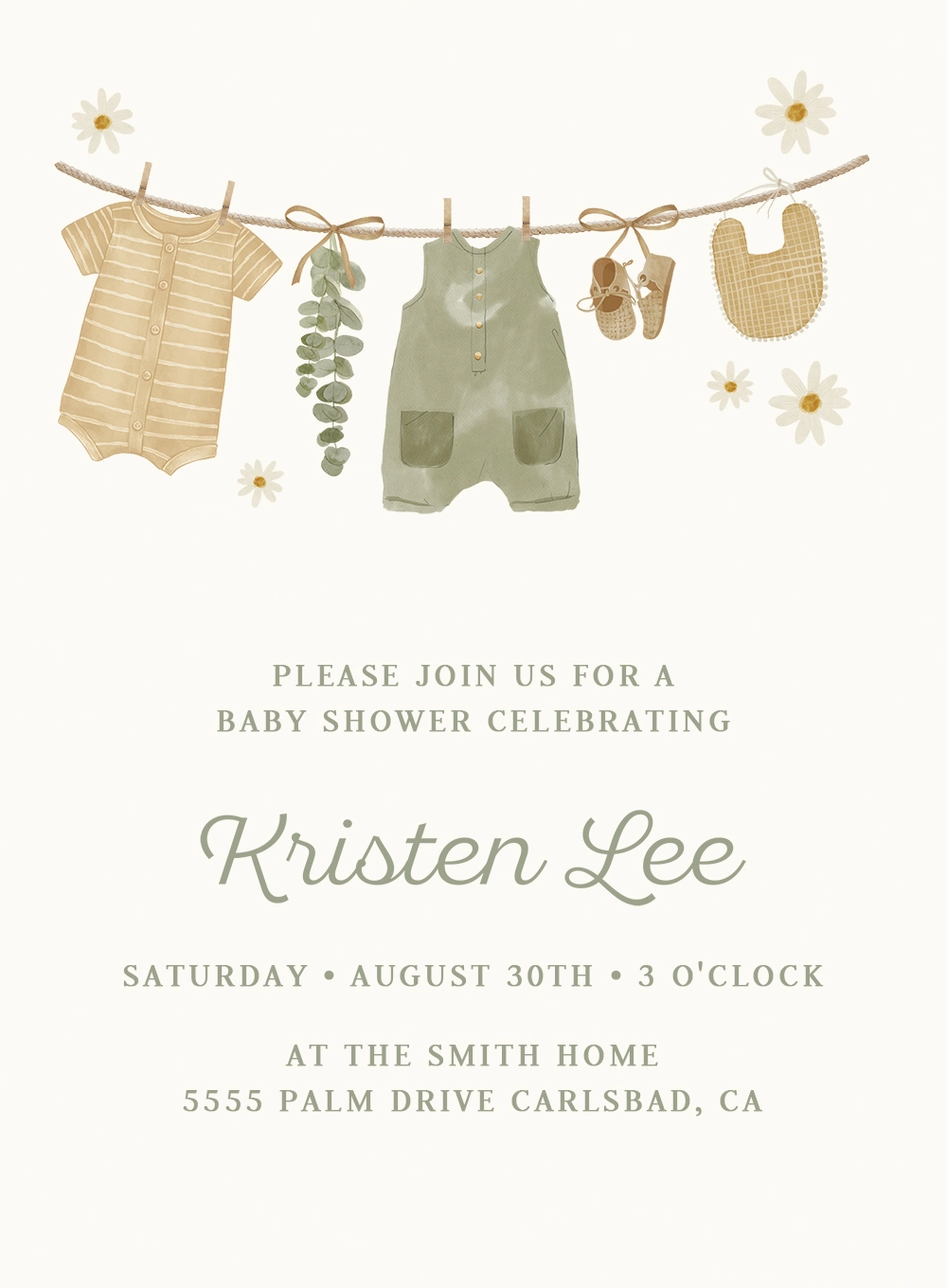 Baby shower invitation with clothesline of baby items and daisies, celebrating Kristen Lee on August 30th.