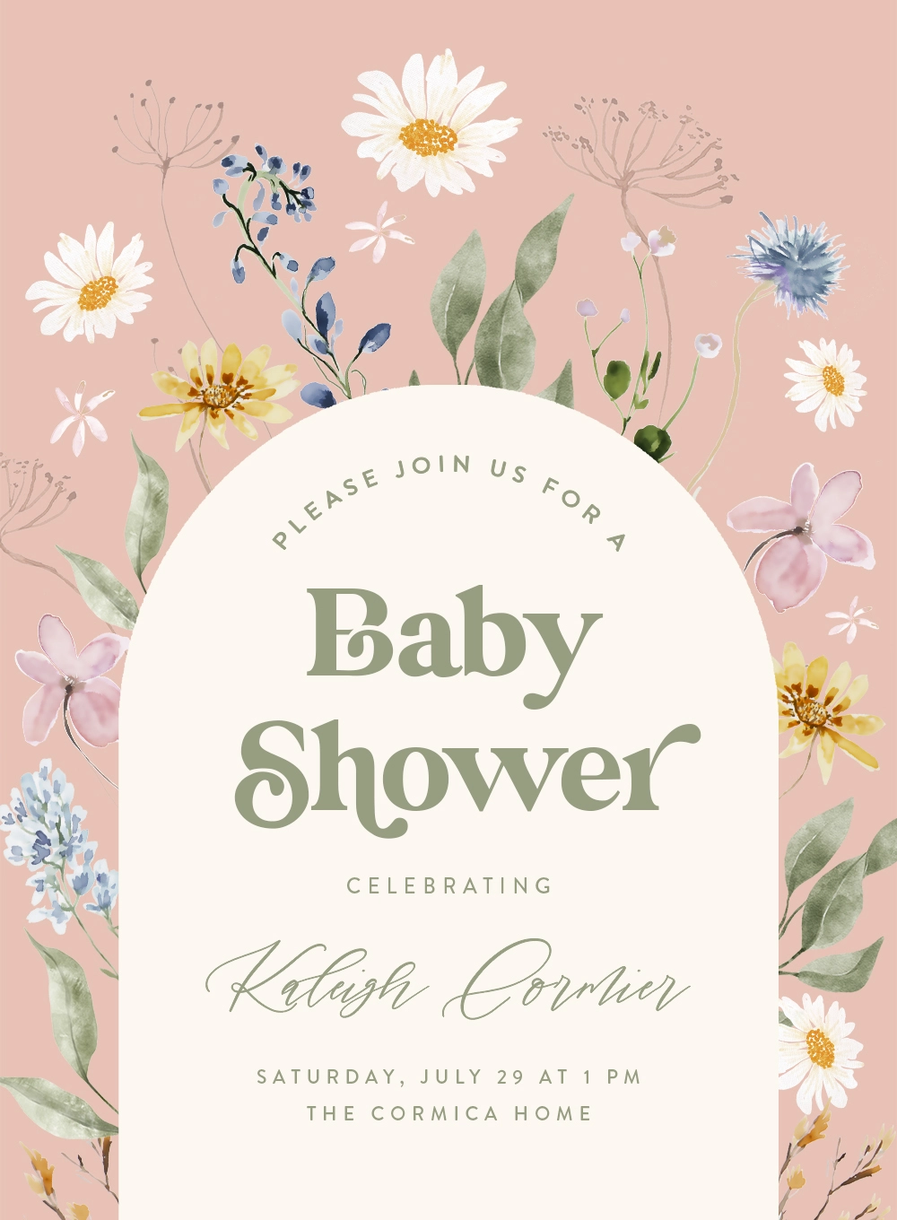Baby shower invitation with floral border on pink background celebrating Kaleigh Cormier.