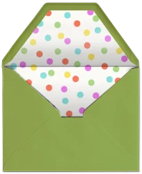 Open green envelope with colorful polka dot patterned lining inside.