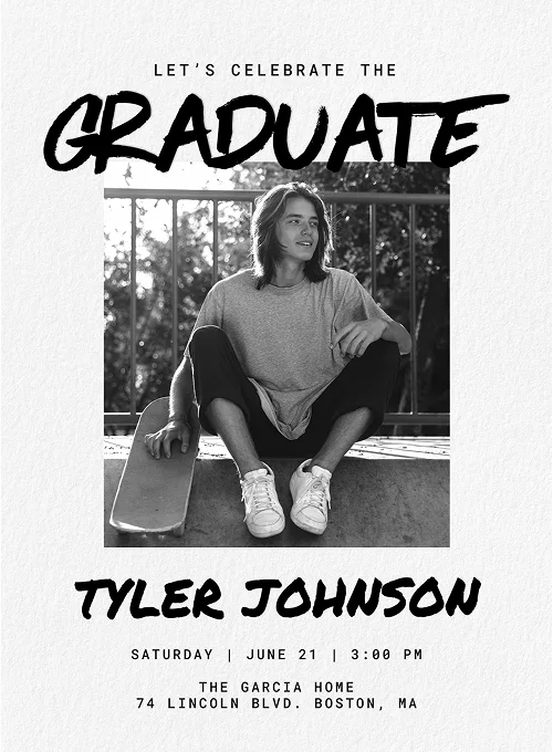 Black and white graduation invite with photo of young man sitting with skateboard outdoors.
