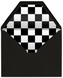 Black envelope open to reveal a black and white checkerboard patterned lining.