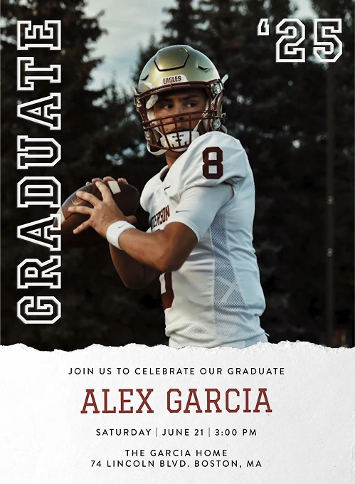 Football player in white jersey and gold helmet prepares to throw a pass with GRADUATE ’25 text.