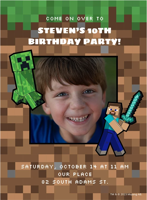 Birthday invite with Minecraft-themed background, boy's photo, Creeper and Steve characters.