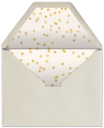 Open beige envelope with white interior decorated with scattered gold confetti dots.