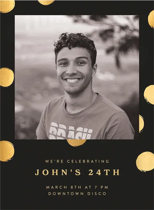 Black and white photo of a smiling young man with curly hair, celebrating John's 24th birthday.