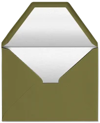 Open olive green envelope with white paper inside on white background.