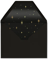 Black envelope with sparkling gold stars on the inner flap.