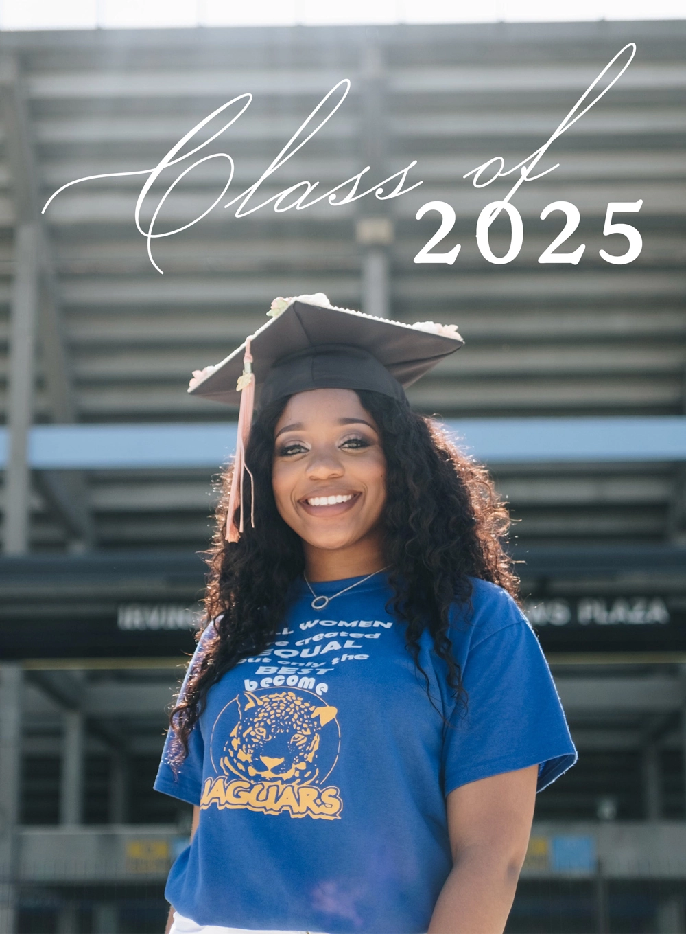 Smiling graduate wearing a decorated cap and blue Jaguars T-shirt with text class of 2025 above her.
