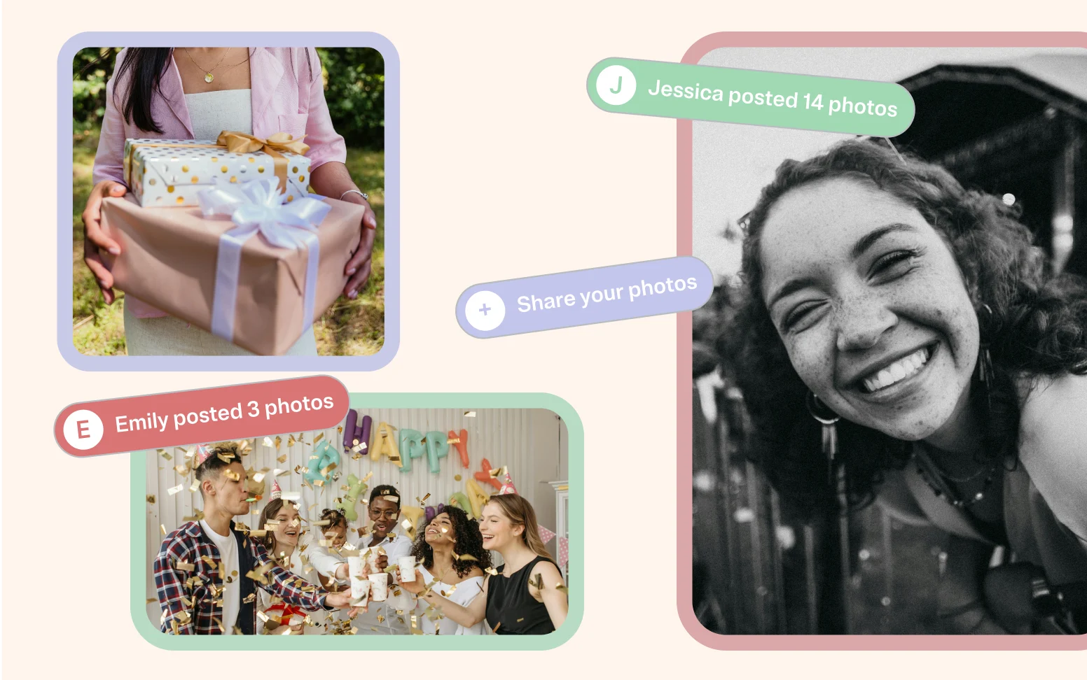 Collage of birthday celebration photos: woman holding gifts, group toasting with confetti, smiling woman close-up.