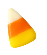 Single candy corn piece with white, orange, and yellow sections on black background.