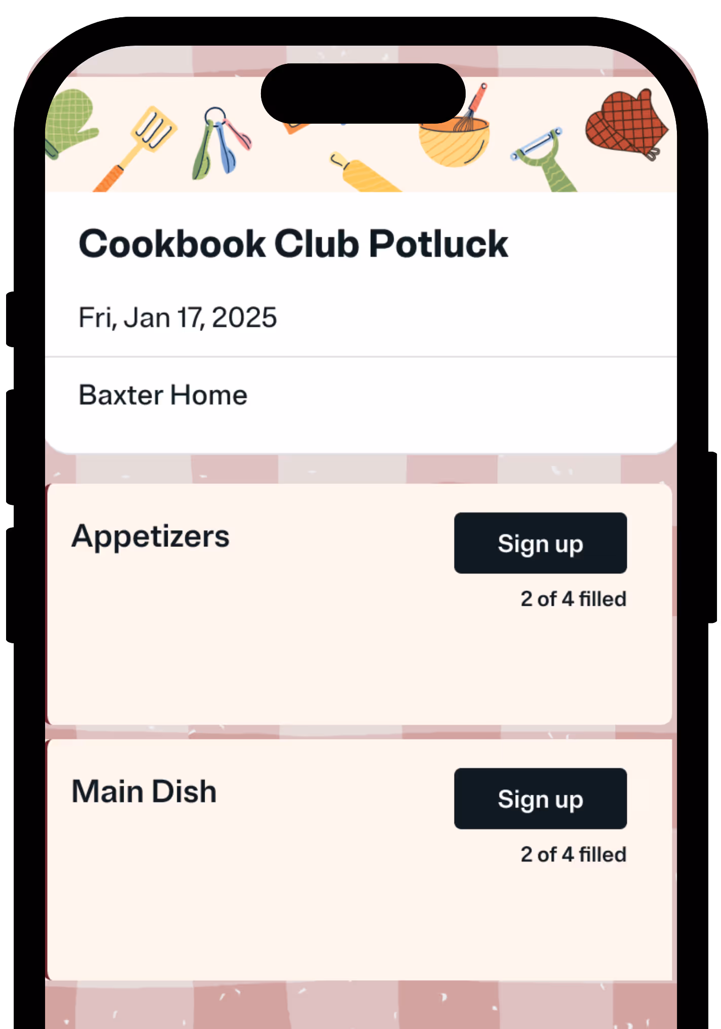 Cookbook Club Potluck sign-up for appetizers and main dish with 2 of 4 slots filled for each.