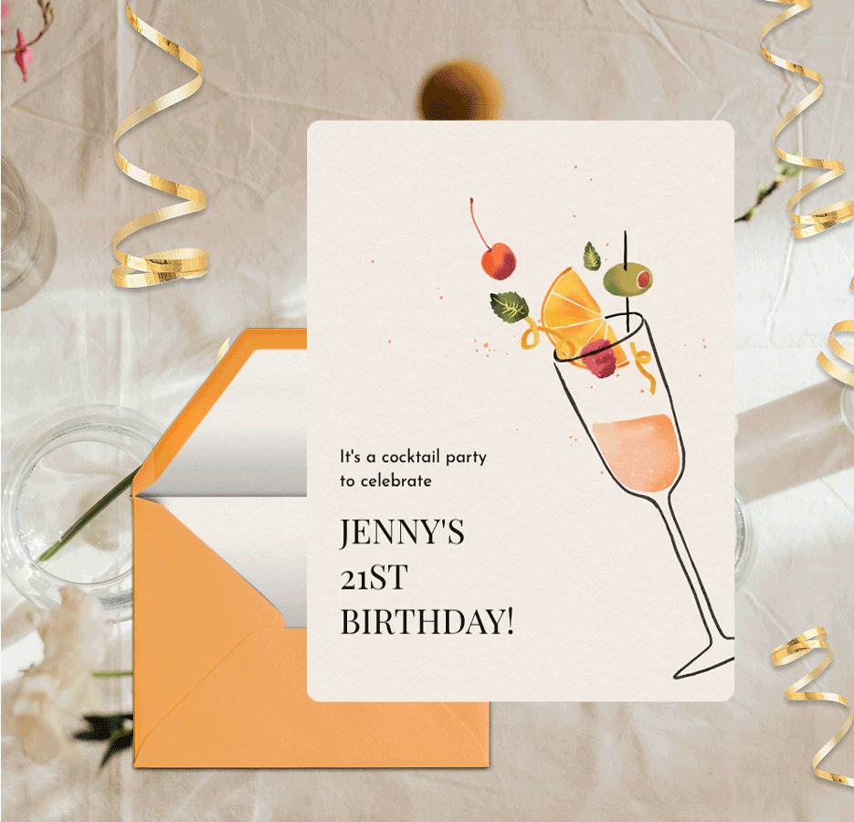 21st birthday with a glass flute with garnishments animated flying out of the glass, with an orange envelope, on top of a beige background