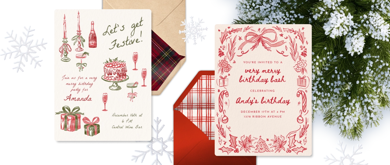 Christmas invitations and envelopes laid on top of snowflakes and a pine tree 