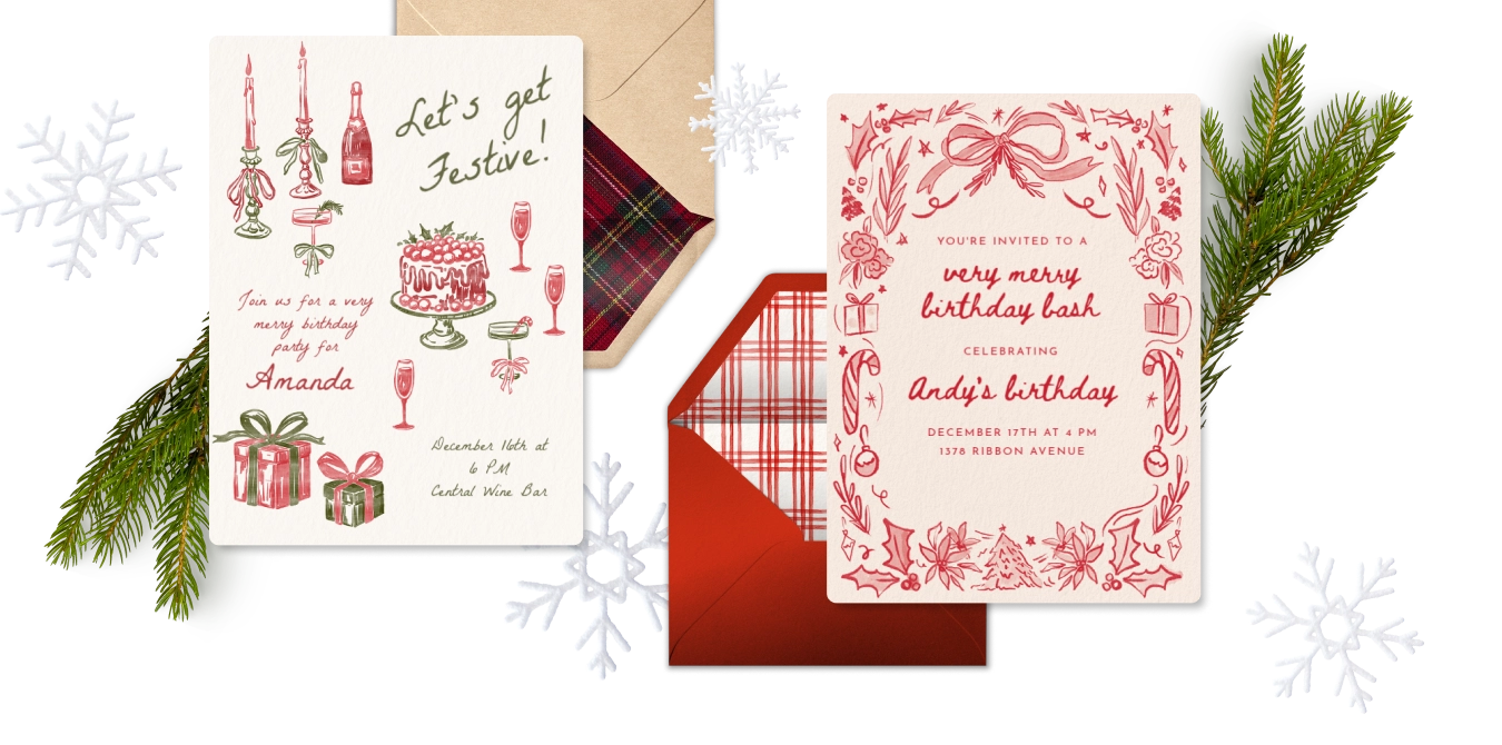Christmas invitations and envelopes, laid on top of snowflakes and green pine leaves