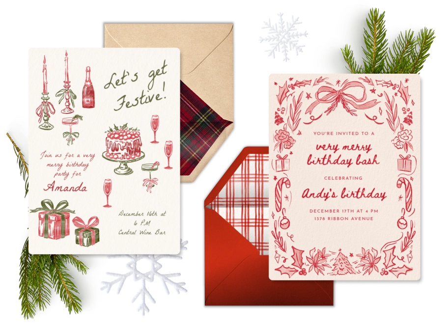 Christmas invitations and envelopes, both laid on top of snowflakes and green pine leaves 