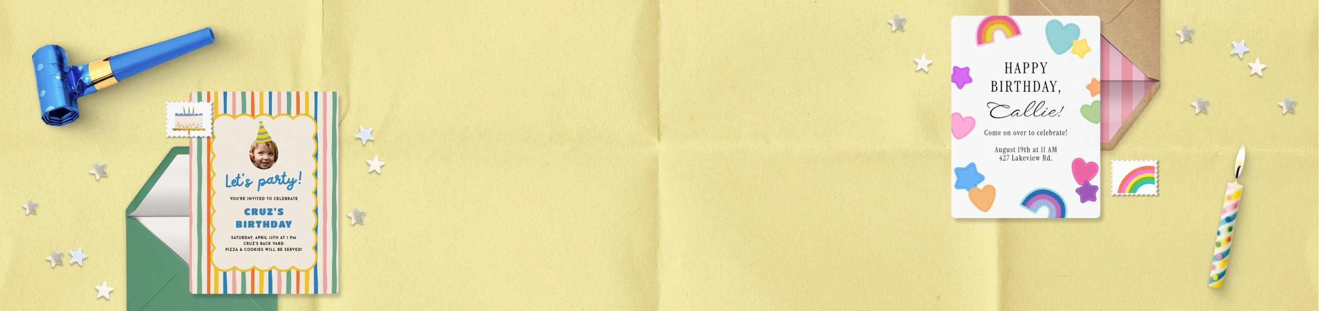 A yellow paper textured background with silver star sparkles, birthday candles, and two colorful kids’ birthday Invitations with envelopes. 
