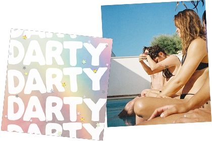 A holographic "Darty" event page design next to a poolside photo of two friends.