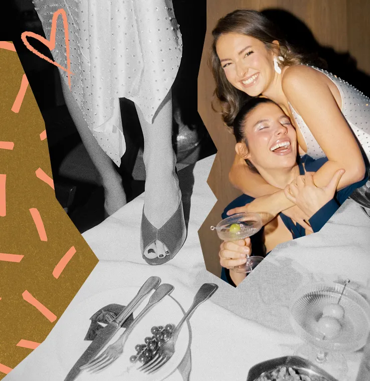 A photo of two women laughing together at a dinner table, collaged with brown and coral confetti shapes.
