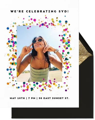 Woman in sunglasses smiling outdoors surrounded by festive confetti for party invitation.