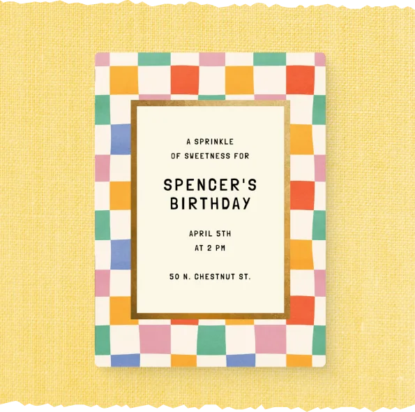 Birthday invitation with colorful checkered border for Spencer's birthday on April 5th at 2 PM.
