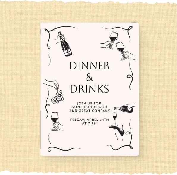 Invitation card for dinner and drinks event with wine, grapes, and pouring wine illustrations on beige background.