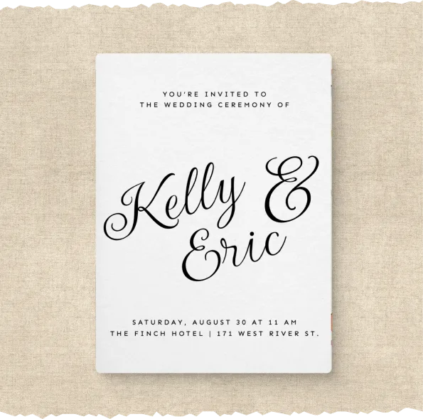 Wedding invitation for Kelly and Eric's ceremony on Saturday, August 30, 11 AM at The Finch Hotel.