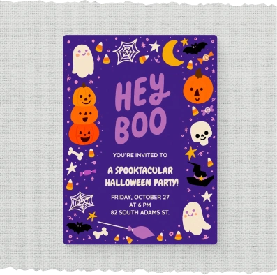 Purple Halloween party invite with ghosts, pumpkins, bats, spider webs, candy corn, and stars.