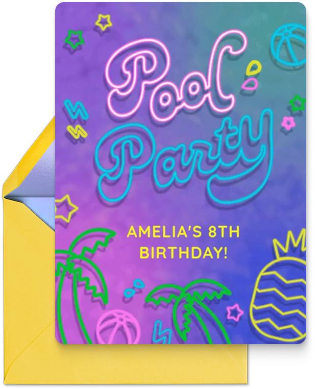 Neon-style pool party invitation for Amelia's 8th birthday with palm trees, balls, and a pineapple design.