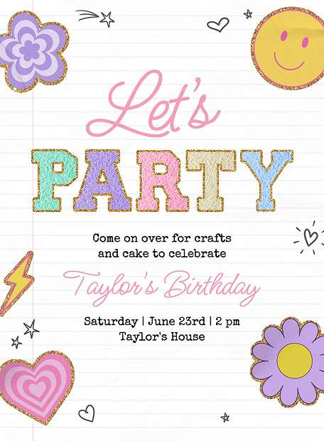 Colorful party invitation with glitter letters.