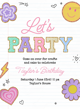 Colorful birthday party invitation with flowers, smiley face, hearts, and stars for Taylor's birthday celebration.
