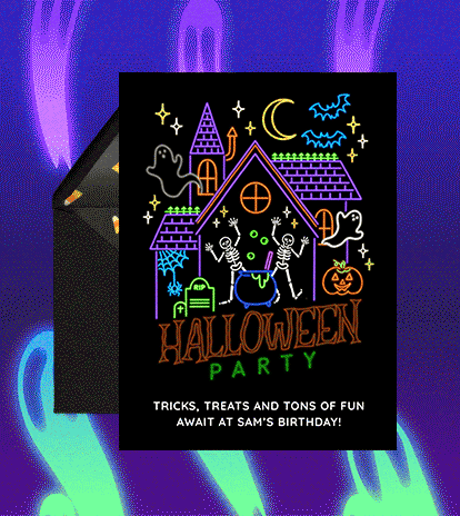 Colorful Halloween party invitation with neon-style drawings of a haunted house, ghosts, skeletons dancing around a bubbling cauldron, bats, a crescent moon, tombstone, pumpkin, and stars on a black background with the text 'Halloween Party' and 'Tricks, treats and tons of fun await at Sam's birthday!'