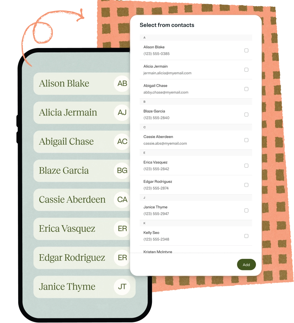Mobile phone screen showing a contact list with names and initials on the left, and a selection panel on the right titled 'Select from contacts' with names, phone numbers, emails, alphabetical section headers, checkboxes, and a green 'Add' button.