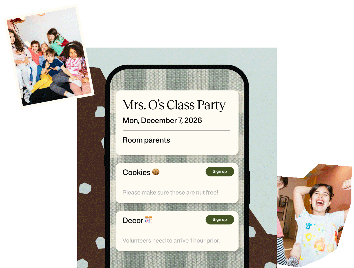Smartphone screen displays sign-ups for Mrs. O's Class Party on Monday, December 7, 2026, for room parents to volunteer for cookies and decor. Two photos overlay the phone: on the left, a group of smiling children sitting together, and on the right, a cheerful child raising their hands indoors.