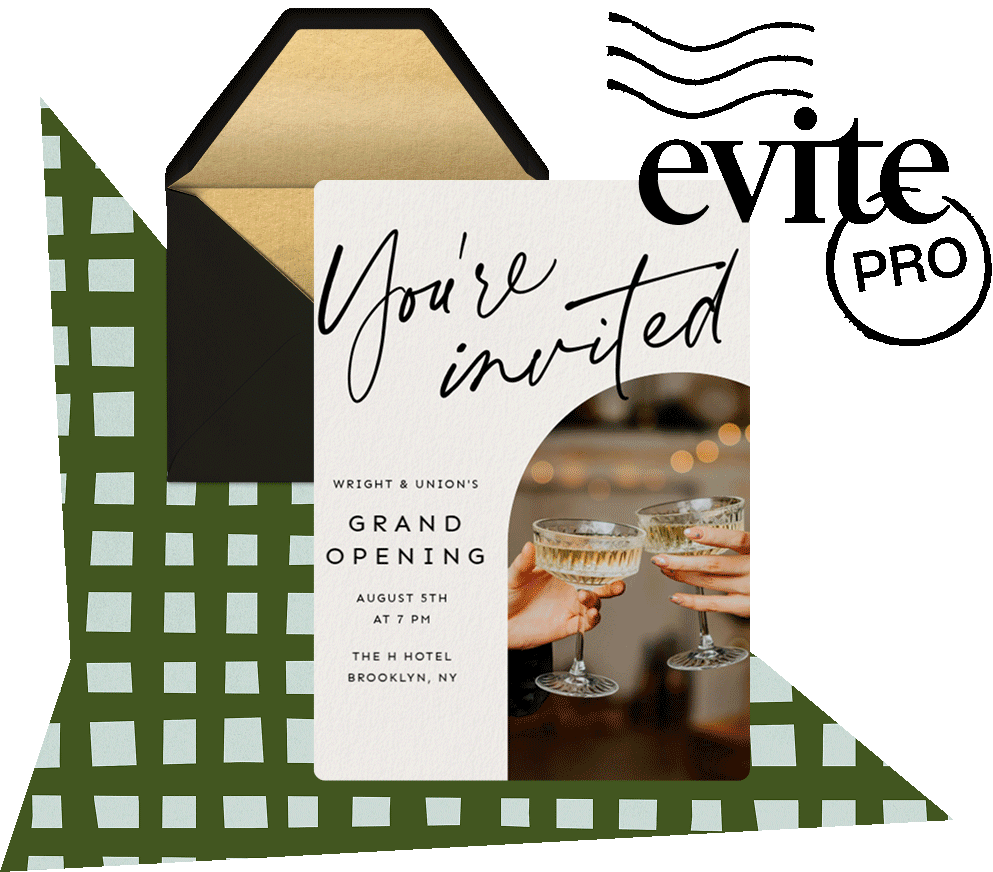 An open black envelope with a gold interior holding an invitation card that says 'You're invited' for Wright & Union's grand opening on August 5th at 7 PM at The H Hotel, Brooklyn, NY, with a photo of two hands clinking glasses of champagne.