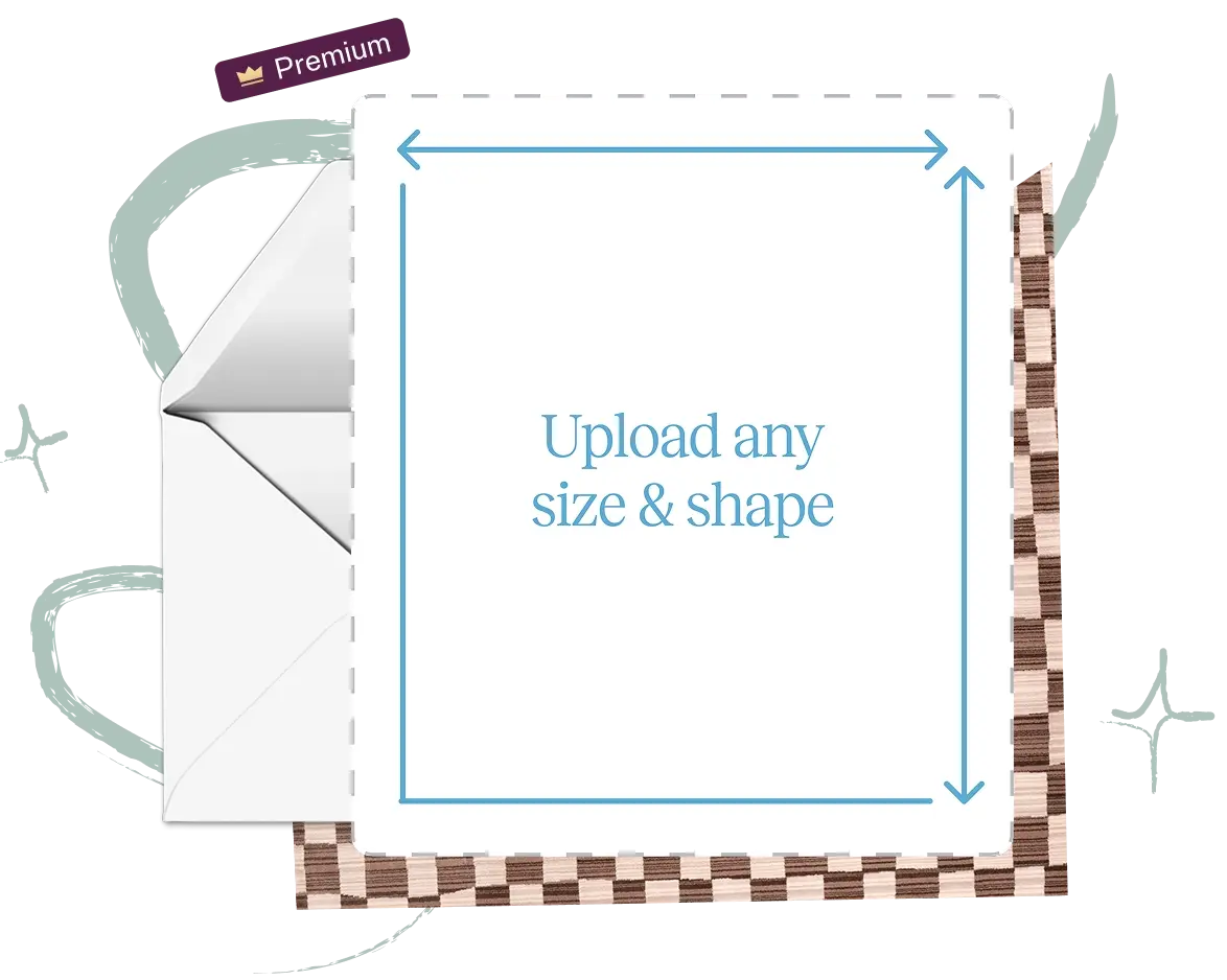 Placeholder image with an envelope and a square frame containing the text 'Upload any size & shape' and a small 'Premium' label with a crown icon.