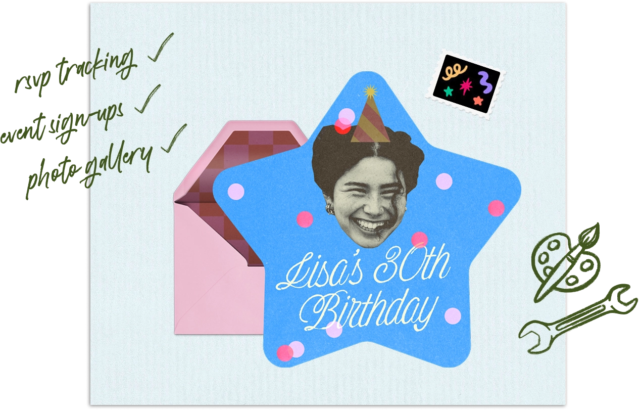 A blue star-shaped birthday card with a black-and-white photo of a smiling woman wearing a party hat, confetti dots around, standing in front of a pink envelope, text reads "Lisa's 30th Birthday".