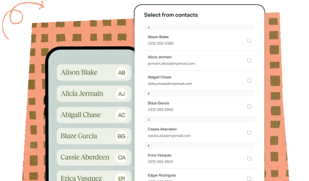 Two digital contact lists side by side: on the left, a list with names and circular initials; on the right, a scrollable interface titled 'Select from contacts' showing names, phone numbers, email addresses, and checkboxes for selection.