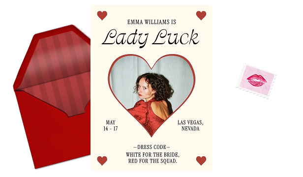 A bridal party invitation featuring a heart-shaped photo of a woman in a red dress looking over her shoulder. The invitation reads 'Emma Williams is Lady Luck,' with event dates May 14-17 and location Las Vegas, Nevada. Dress code: white for the bride, red for the squad. The invitation is flanked by a red envelope lined with striped fabric on the left and a small card with red lipstick kiss mark on the right.