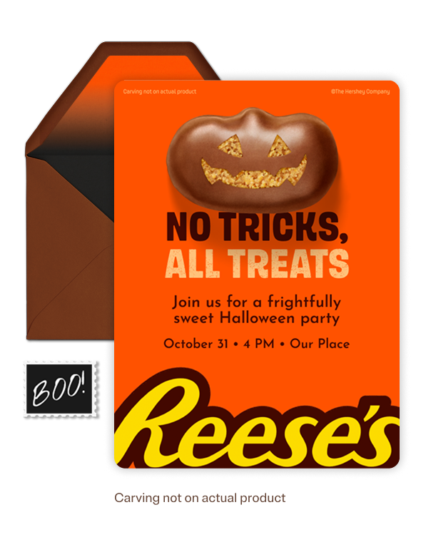 Halloween invitation card with a chocolate peanut butter candy shaped like a jack-o'-lantern face above text that reads 'No tricks, all treats.' The card invites to a Halloween party on October 31 at 4 PM at 'Our Place,' featuring Reese's branding in large yellow letters. An open brown and black envelope and a small tag with 'BOO!' are beside the card.