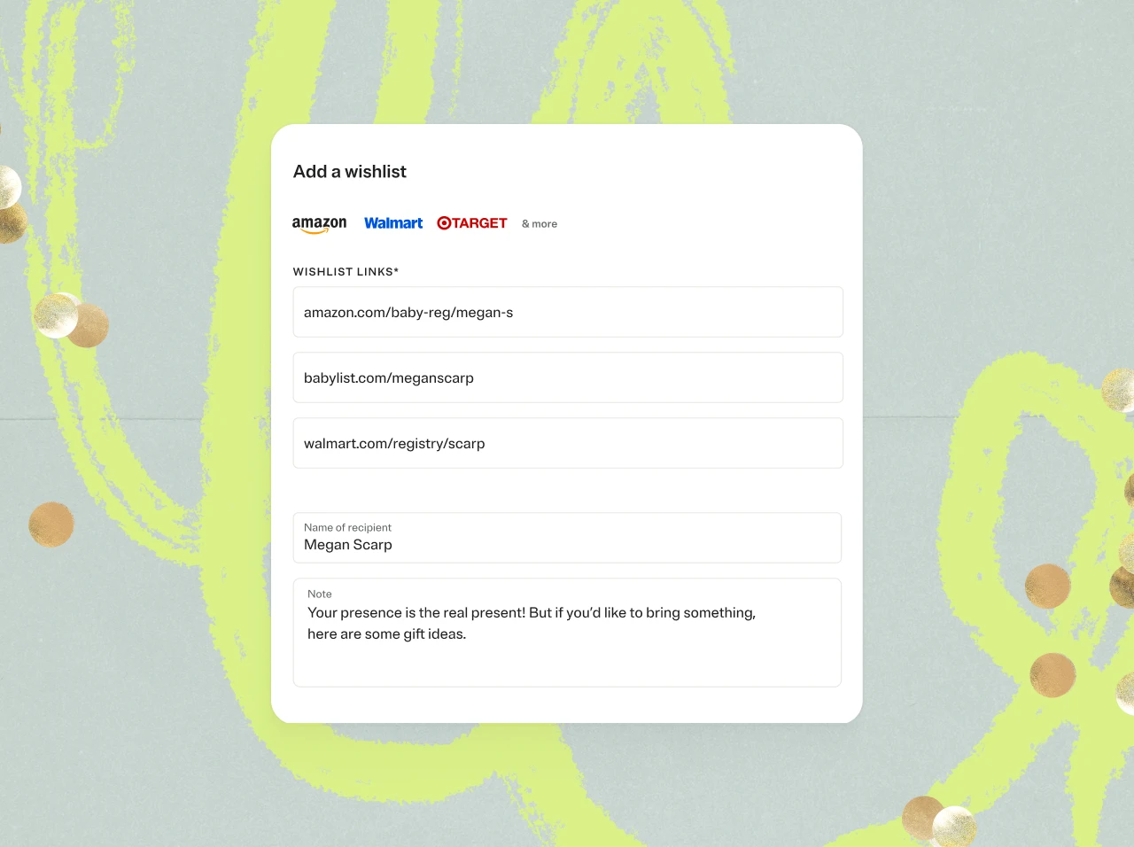 A wishlist form showing links to Amazon, babylist, and Walmart registries, with the recipient's name Megan Scarp and a note saying her presence is the real present but gift ideas are offered.